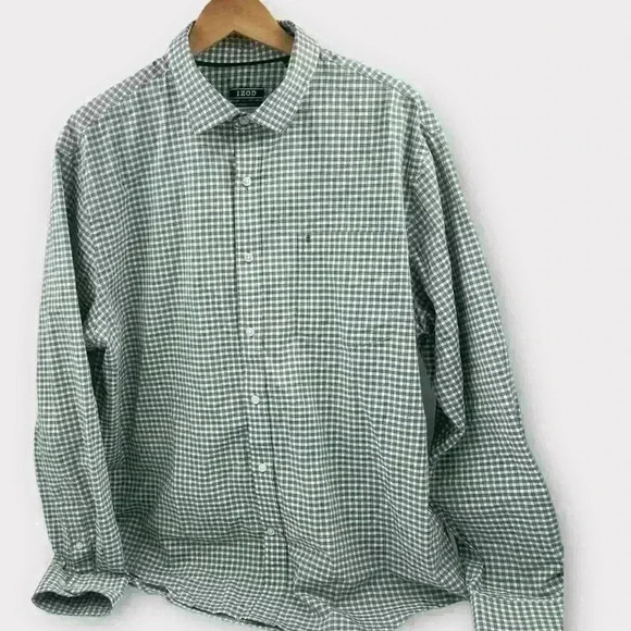 Izod Men’s Soft Wash Essentials Button Up Shirt Large 16/16.5 34/35 Green Plaid - Picture 1 of 11